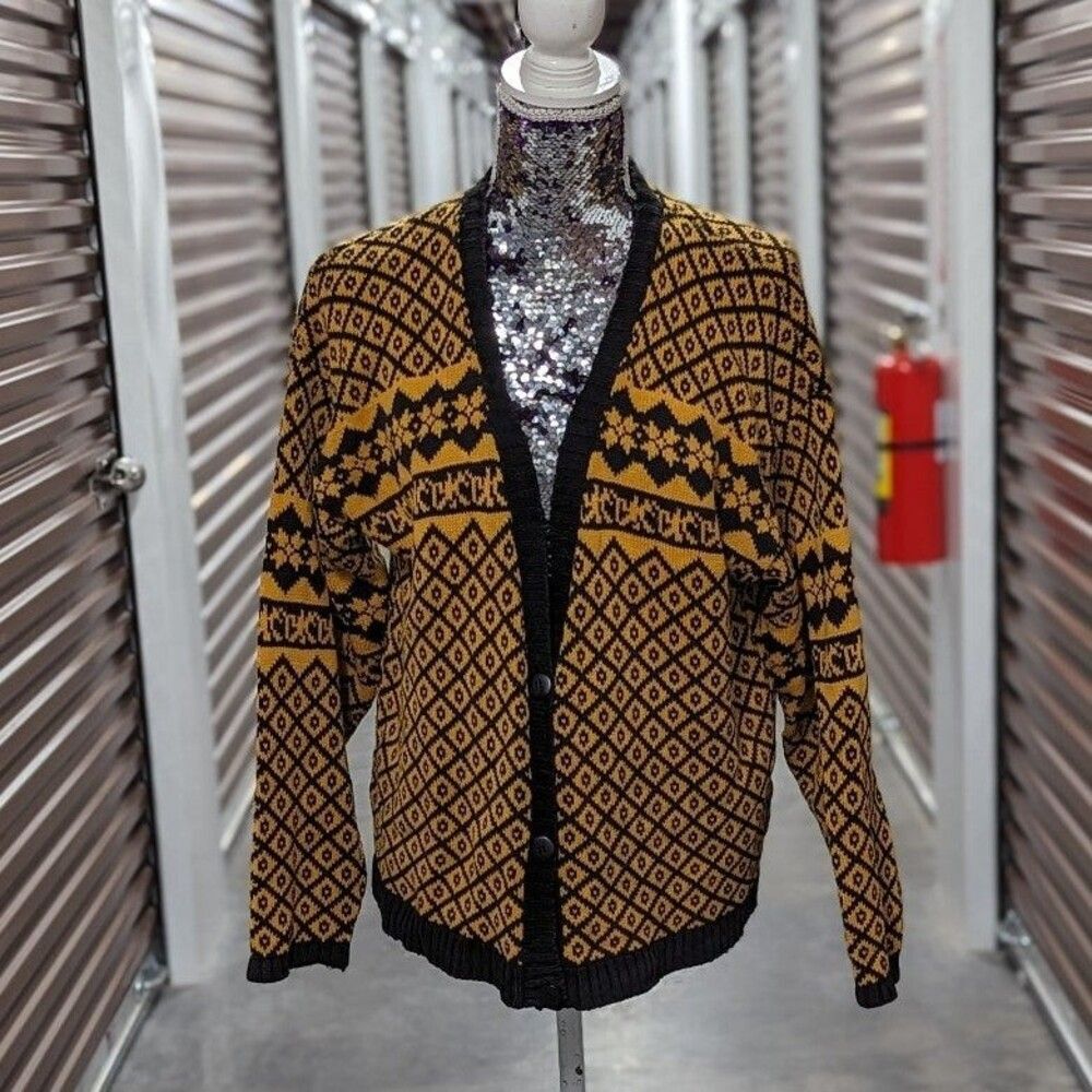 Vintage Yellow & Black Fair Isle Print Button Front Knit Cardigan Cottagecore